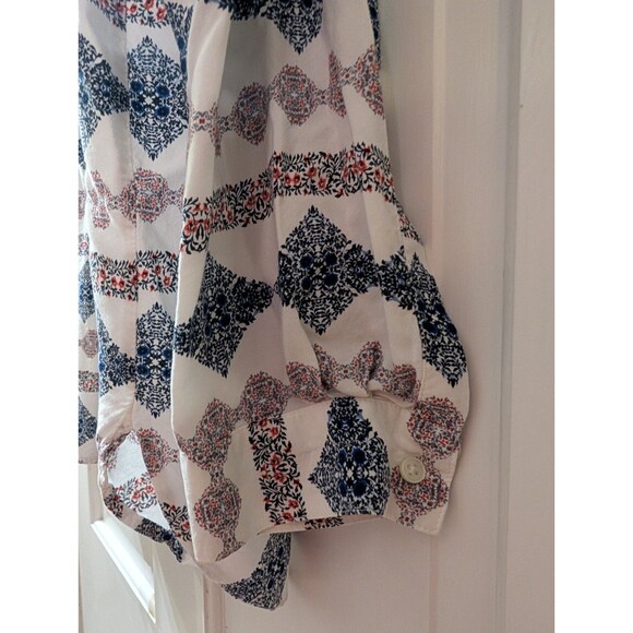 LOFT Womens XL Long Sleeve Boho Geometric Blouse Ivory Blue Tunic Top - Picture 6 of 12